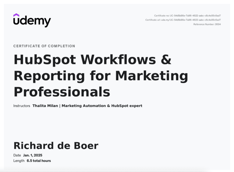 Certificaat HubSpot Workflows and Reporting for Marketing Professionals